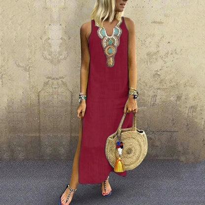Women's Sleeveless Deep V-Neck Side Split Dress, Bohemian Sexy Dress, Casual, New