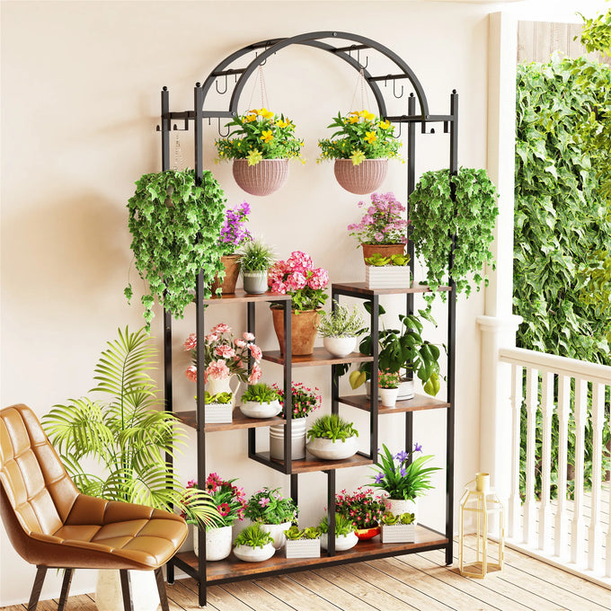 Arched Metal Plant Shelf with Hooks — product image