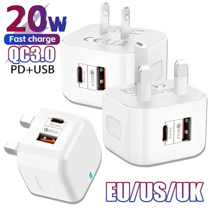 1Pcs 20W Dual Ports Wall Charger Type-C USB C PD Phone Fast Charger Super Quick Charging Power Adapters EU/US/UK Plug For iPhone