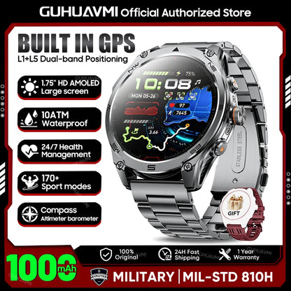 2026 Hot Sales Outdoor Durable GPS Sports Smart Watch Built-in GPS 1000mAh Battery 10ATM Waterproof 1.75" AOD Men Military Watch