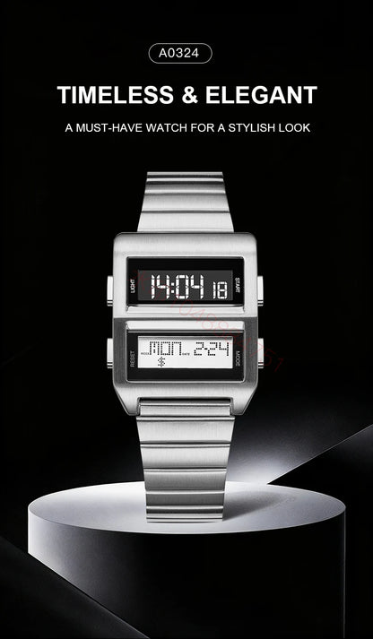 MEGIR Retro Cyberpunk Driver Electronic Watch for Men Sports Wristwatch with Electronic Movement Stainless Steel Strap 0324