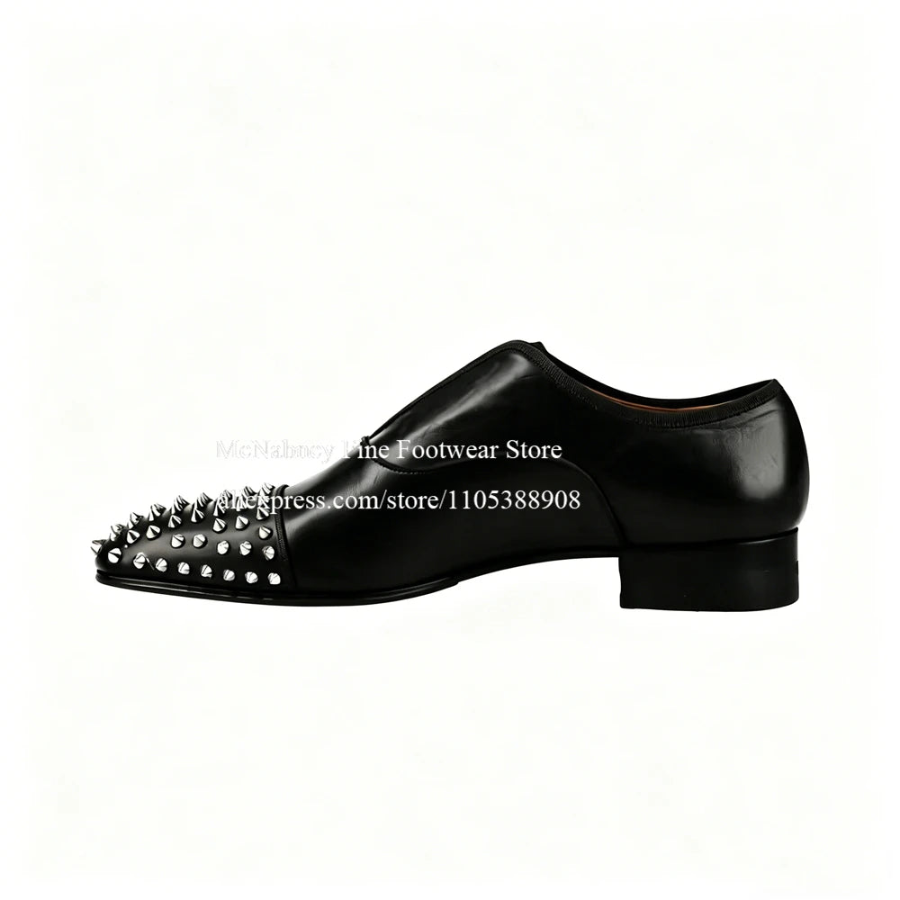 Spike Studs Leather Dress Shoes Lace up Black Alpha Male Gentleman Oxford Shoes Classic Formal Shoes Punk Rock Style Party Wear