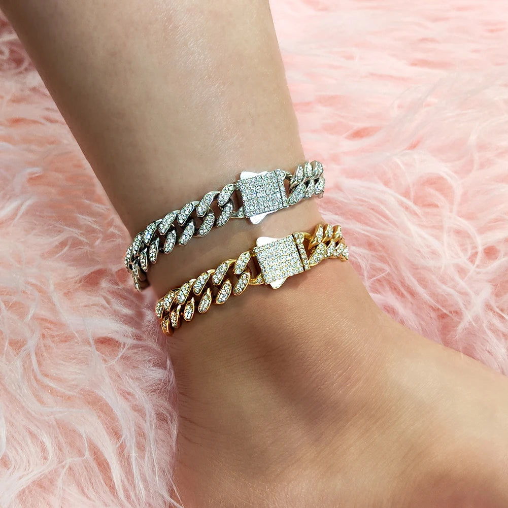 Bling Golden Cuban Chain Anklet For Women Girls HipHop Iced Out full Rhinestone Paved Cuban Summer Beach Anklet Bracelet Jewelry