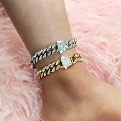 Bling Golden Cuban Chain Anklet For Women Girls HipHop Iced Out full Rhinestone Paved Cuban Summer Beach Anklet Bracelet Jewelry