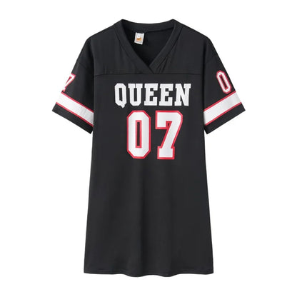 2025 New Fashion V-Neck Queen Letters Print Dress Short Sleeve Basketball Sporty Style Sexy Loose Female Clothing Streetwear
