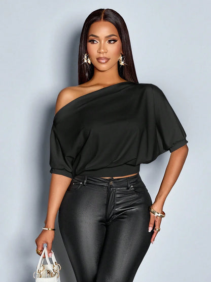 Women's Solid Color Asymmetric Collar Pleated Shoulder T-Shirt