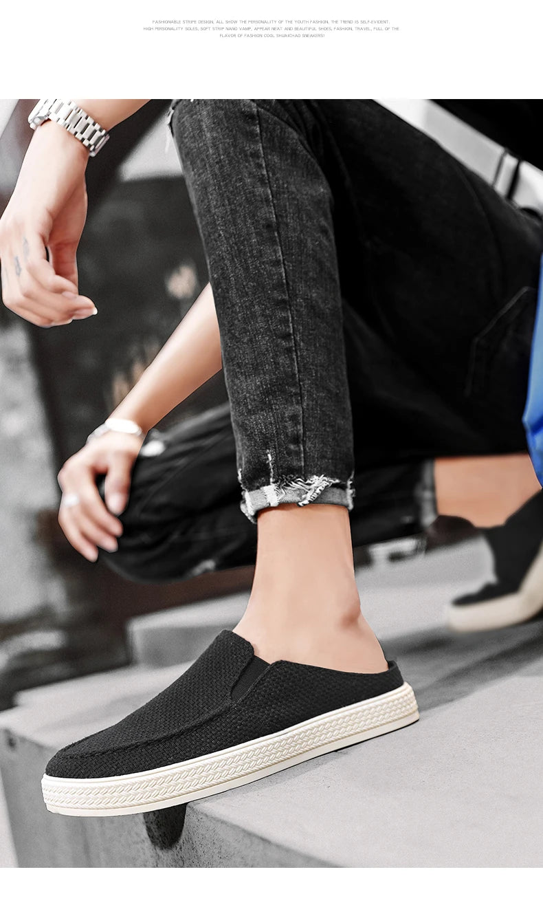 Men's canvas slippers summer new breathable outdoor soft-sole casual slippers party sandals Joker tide half slippers cloth shoes