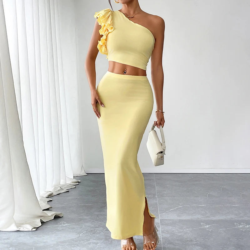 Women's Tank Maxi Skirt Summer New Two Piece Beach Party Casual Slim Tank Skirt Piece Solid Sexy Elegant Female Knitted Clothing