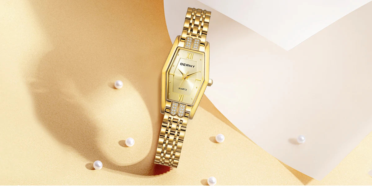 BERNY Gold Watches for Women Elegant Dainty Hexagon Ladies Quartz Wrist Watches Stainless Steel Band Fashion Luxury Bracelet