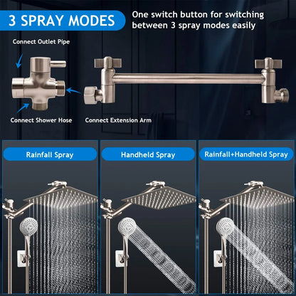 Stainless Steel 8/10 Inch Overhead Showerhead 5 Modes With Extension Arm Multi-function Hand Shower Wall Mounted Showerhead Set
