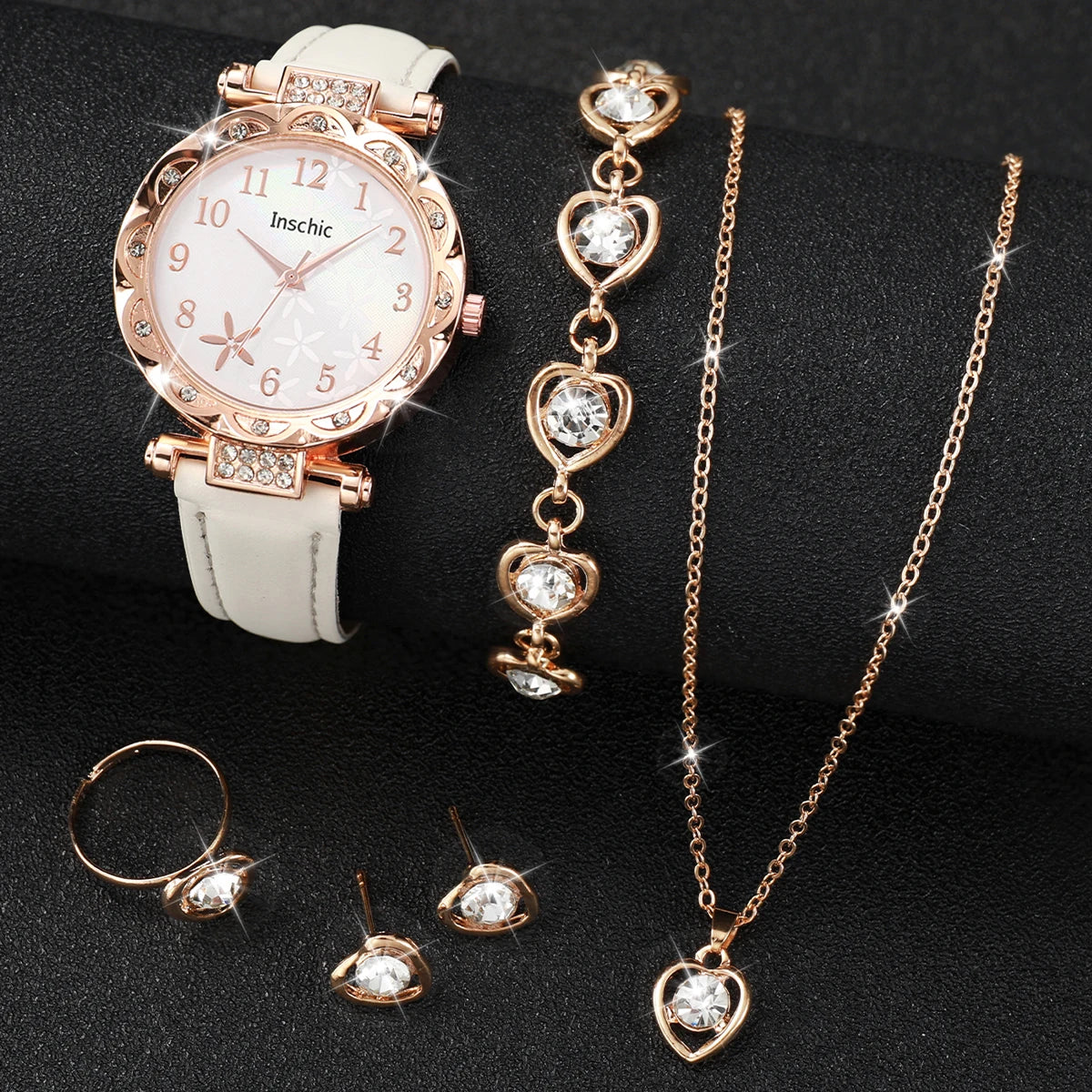5/6PCS Fashion Rhinestone Women Watches Casual Leather Band Quartz Watch for Women Clock Jewelry Set Reloj Mujer（Without Box）