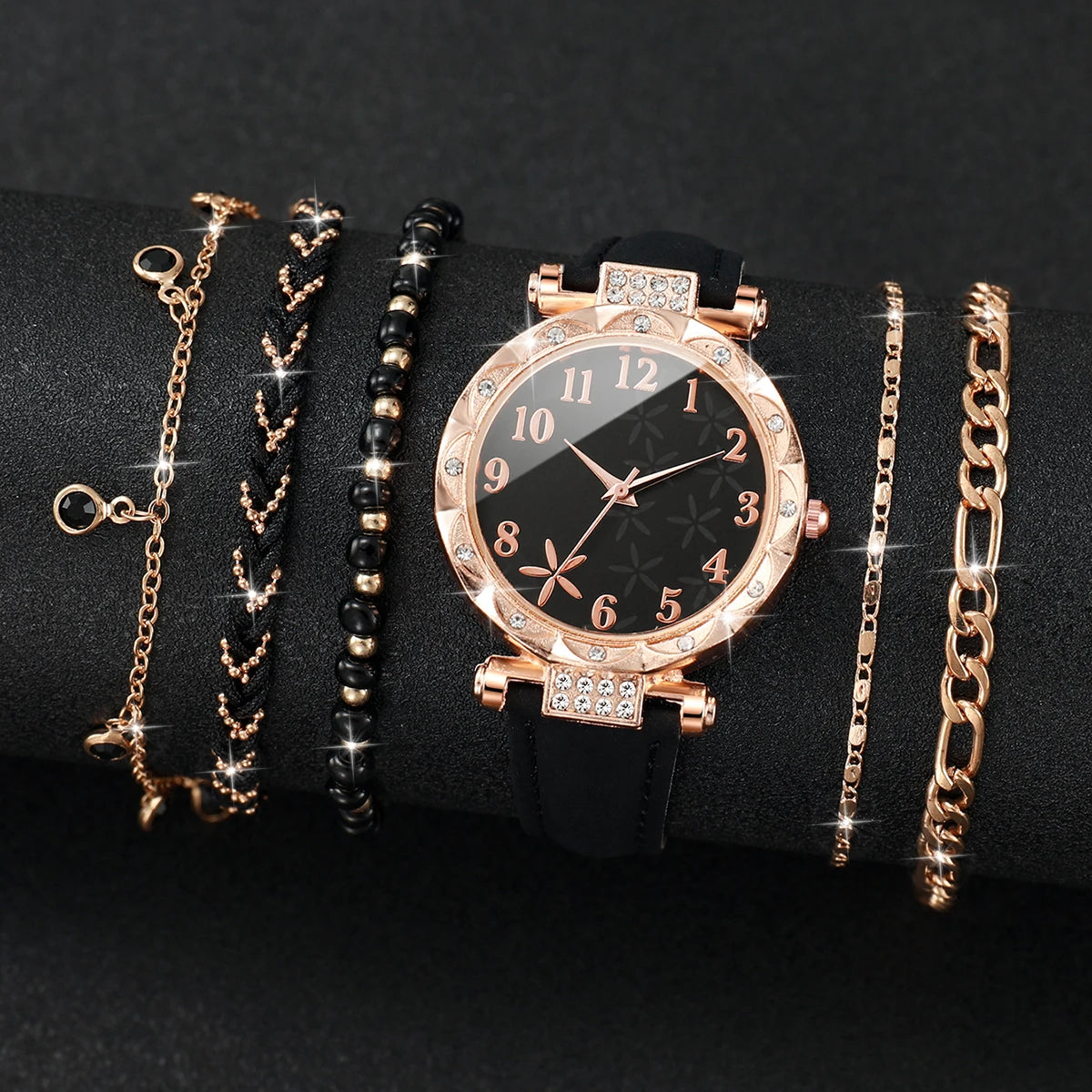 5/6PCS Fashion Rhinestone Women Watches Casual Leather Band Quartz Watch for Women Clock Jewelry Set Reloj Mujer（Without Box）