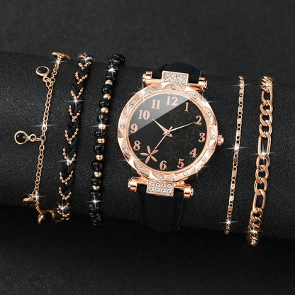 5/6PCS Fashion Rhinestone Women Watches Casual Leather Band Quartz Watch for Women Clock Jewelry Set Reloj Mujer（Without Box）