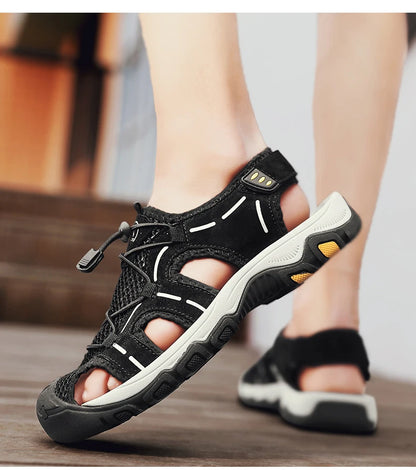 Genuine Leather Men's Sandals Summer Classic Outdoor Lightweight Walking Sneakers Hiking Men's Sandals Casual Beach Wading Shoes