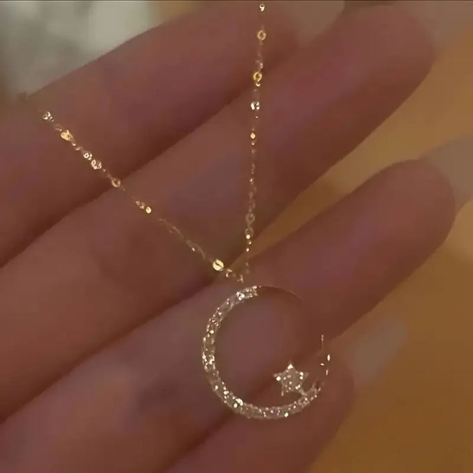 CZ Crescent Moon & Star Pendant Necklace — product image