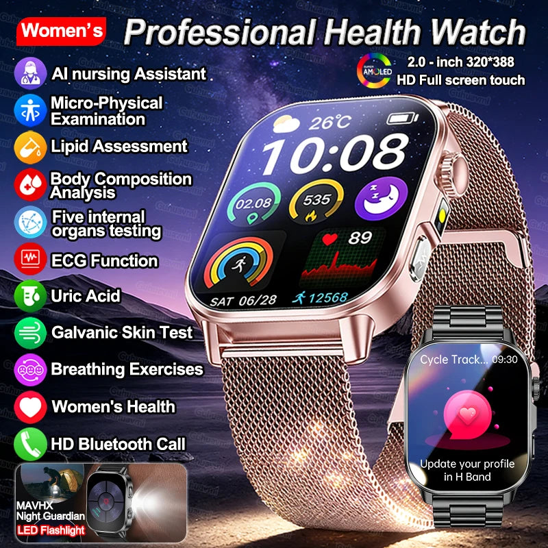 New Professional Health Watch Blood Pressure 2.01"AMOLED Screen Uric Acid Blood Lipids Flashlight Care Smart Watches for Women