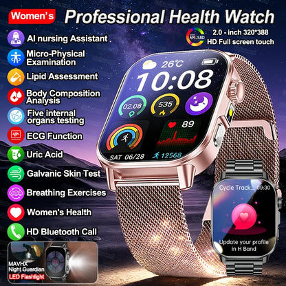 New Professional Health Watch Blood Pressure 2.01"AMOLED Screen Uric Acid Blood Lipids Flashlight Care Smart Watches for Women