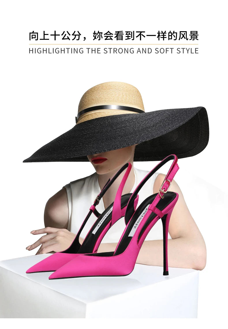 Rose red satin back tripe buckle sandals for women's new style slim heel and sexy European and American style single shoes
