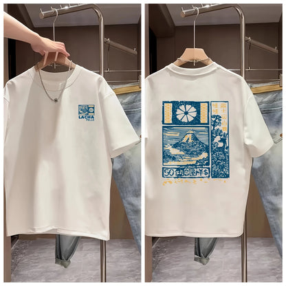 2026 Summer New Style Men's Cotton Casual Short-Sleeved T-Shirt, Featuring The Cherry Blossom Pattern of Mount Fuji