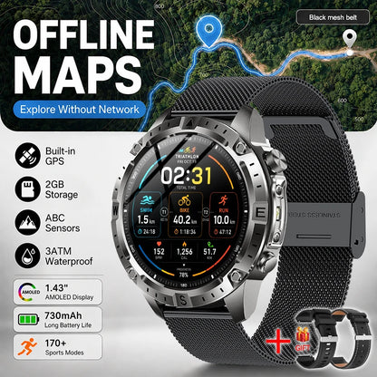 New Outdoor GPS Offline Map Smart Watch Men 3ATM Waterproof 170+ Sports LED Compass Altimeter AMOLED Bluetooth Call Smartwatch