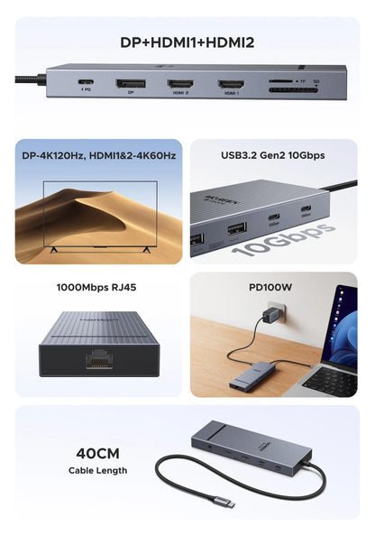 UGREEN 12-in-1 USB HUB Type-C to 2HDMI 4K120Hz DP USB3.2 10Gbps SD/TF RJ45 PD100W for MacBook Dell HP Laptop Accessories Docking