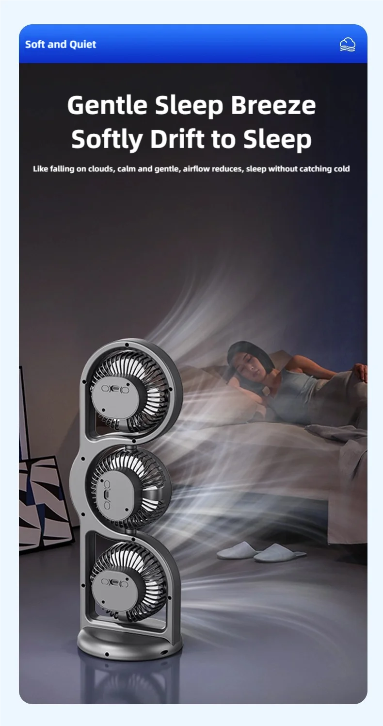 TINSOL New Portable USB Rechargeable Three-Head Fan – 360° Circulation, 5-Speed Wind, Dormitory and Outdoor Desktop Fan