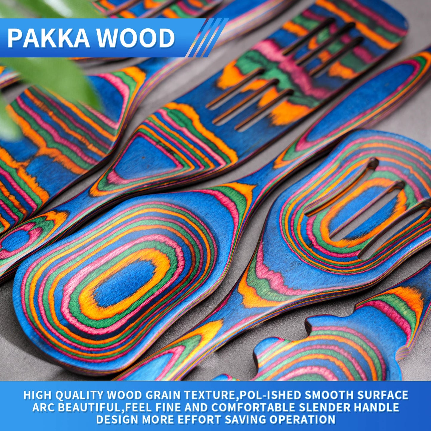 7Pcs Blue Pakkawood Wooden Cooking Utensils, Wooden Spoons For Cooking, Wooden Utensil Set.Pakkawood Utensils For Cooking.