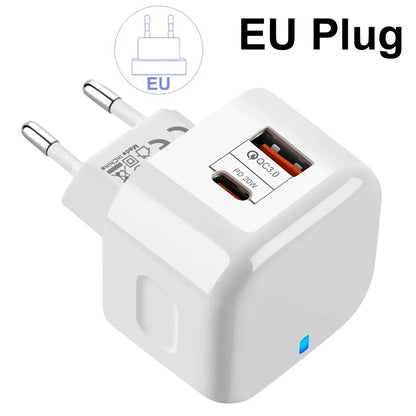 1Pcs 20W Dual Ports Wall Charger Type-C USB C PD Phone Fast Charger Super Quick Charging Power Adapters EU/US/UK Plug For iPhone