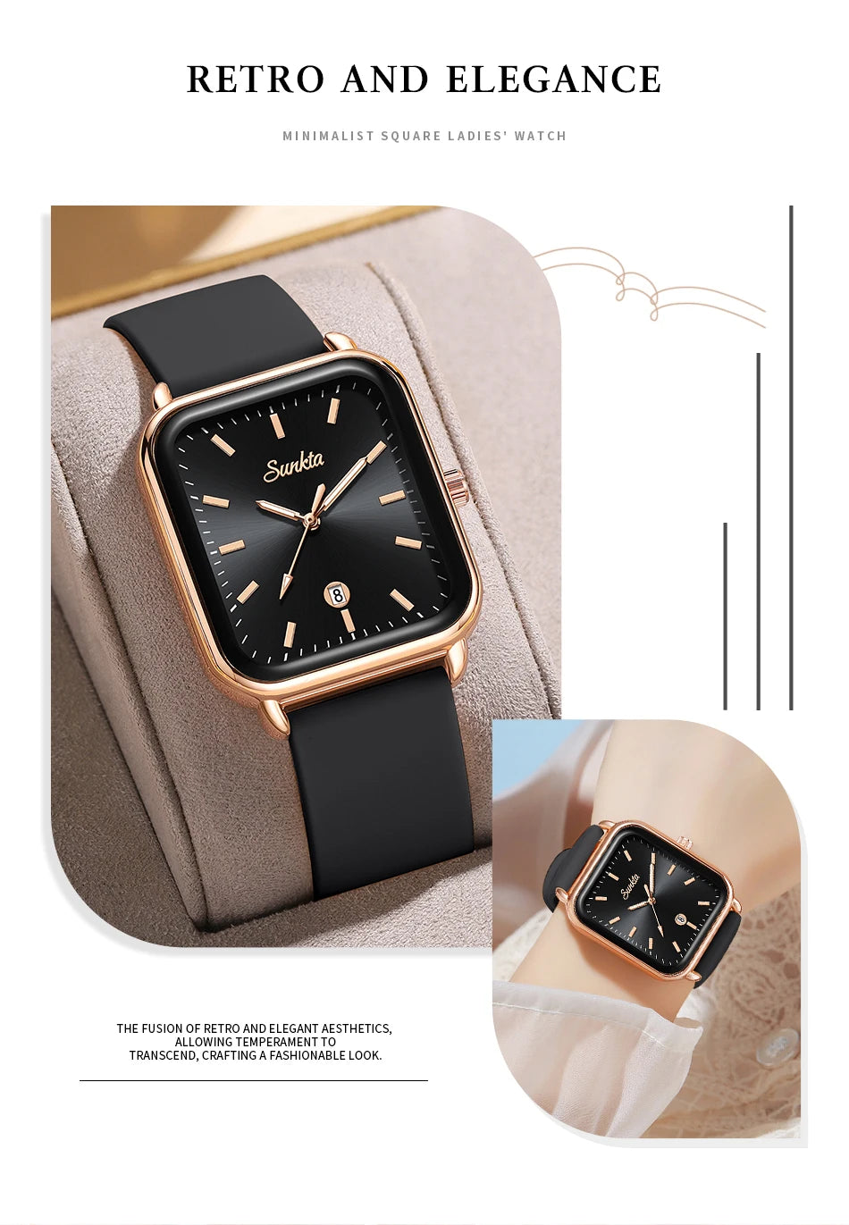 Sunkta Fashion Elegant Woman Watch Square Luxury Retro Silicone Belt Auto Date Casual Waterproof Luminous Quartz Watches for Men