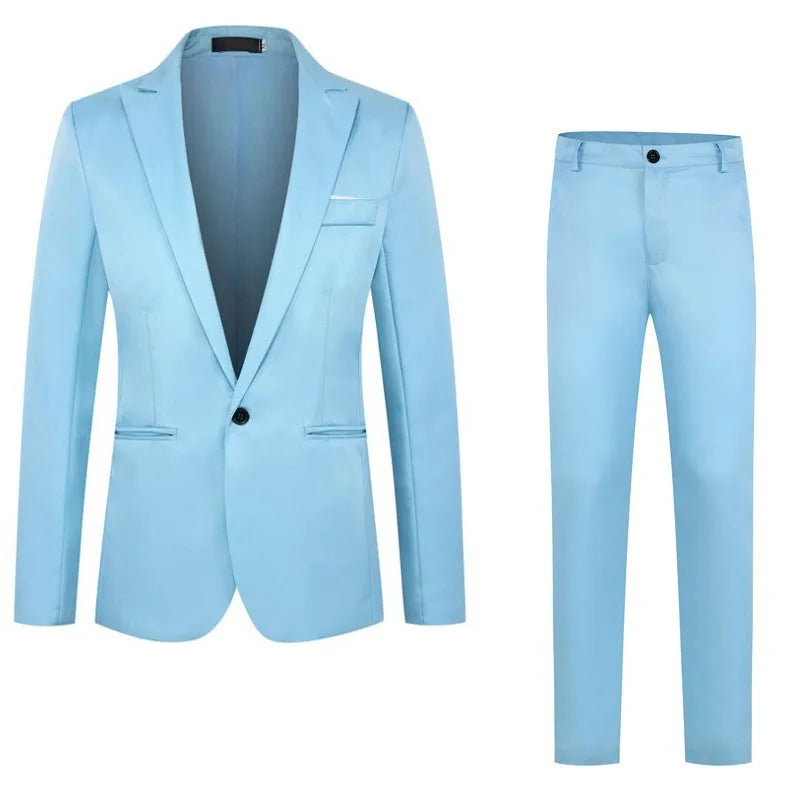 Spring Autumn New Fashion Men's Casual Trendy Slim 2 Pieces of Sets Suit Sets Solid Color Single-button Suit Blazers Pants Male