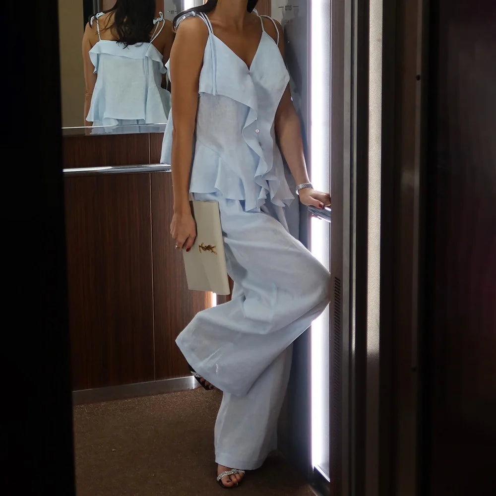 Bornladies 2026 Spring Summer New Cotton Solid Color Blue Set Ruffle Button Strap Top Casual Long Wide Leg Pants