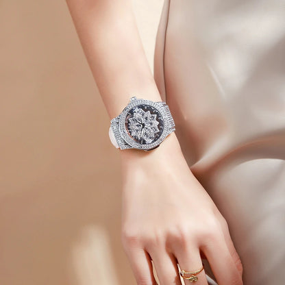 Popular women's watch with fashionable large dial, pentagram waterproof watch for girls, snowflake rotating hollow women's watch