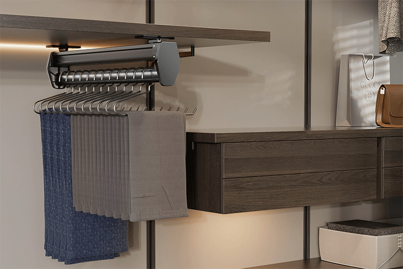 Multifunctional Wardrobe Trouser Hanger with Built-In Telescopic Pants Storage Pull-Out Clothes Rail Shelf Wardrobe Organizer