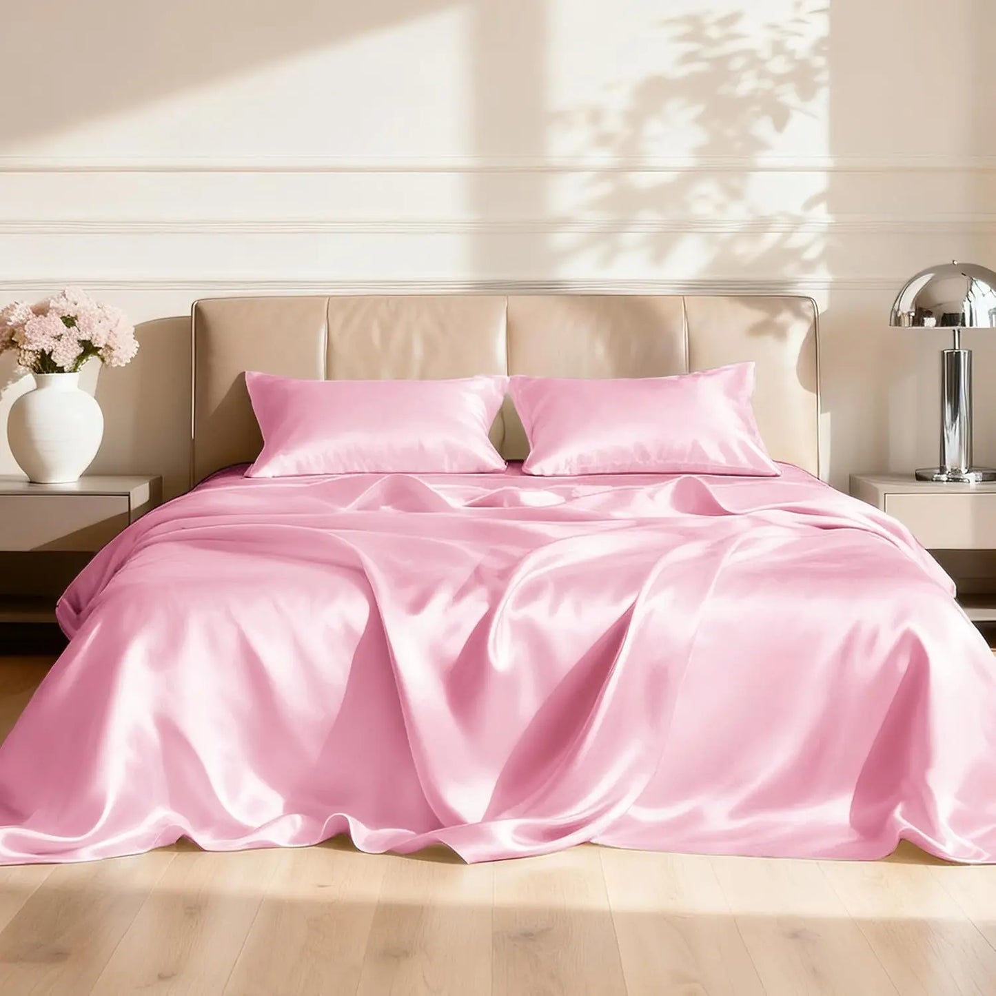 Full Size Satin Sheet Set - 4 Piece Deep Pocket Bed Sheets, Silky Soft, Wrinkle Resistant, Envelope Closure, Pink