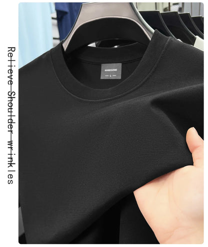 High quality luxury short sleeve T-shirt summer breathable cool silk cotton fashion solid color round neck top casual men's wear