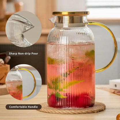 8PCS Glass Pitcher With Lid 4 Pitchers 4 Lids, 68oz 2L Classic Vertical Stripe Pitcher, Large Golug, Suitable For Cold Brew, Co