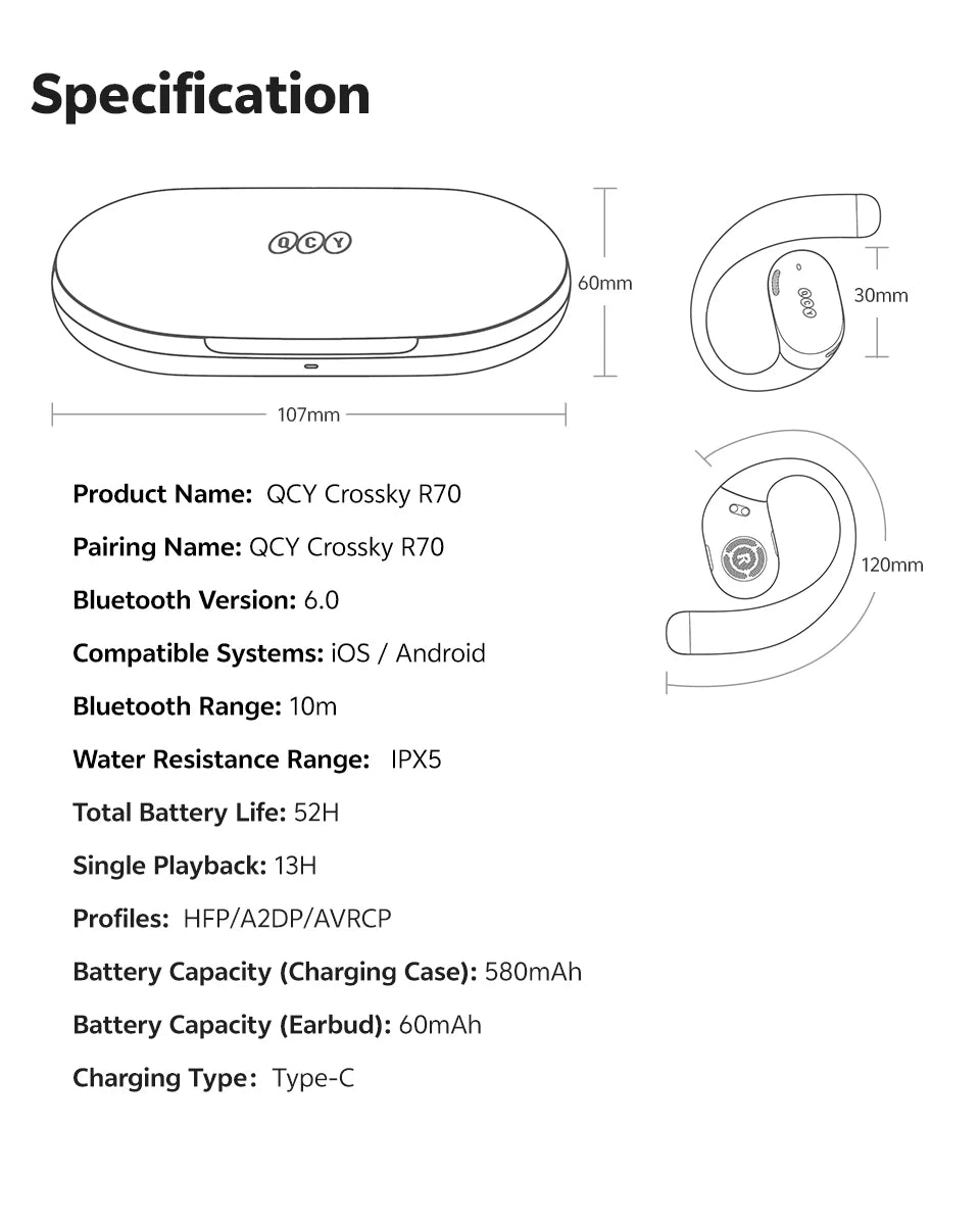 QCY Crossky R70 BH24CT02A Open-Ear Wireless Headphones Hi-Res with LDAC Bluetooth 6.0 Earphones Bass Boost Spatial Sound Earbuds