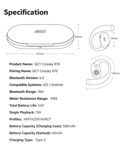 QCY Crossky R70 BH24CT02A Open-Ear Wireless Headphones Hi-Res with LDAC Bluetooth 6.0 Earphones Bass Boost Spatial Sound Earbuds