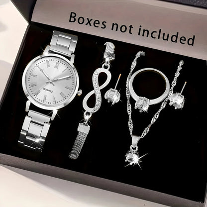 6pcs/set Elegant Women Quartz Watch Fashion Simple Dial Ladies Wristwatch Rhinestone Jewelry Set Relogio Feminino（Without Box）