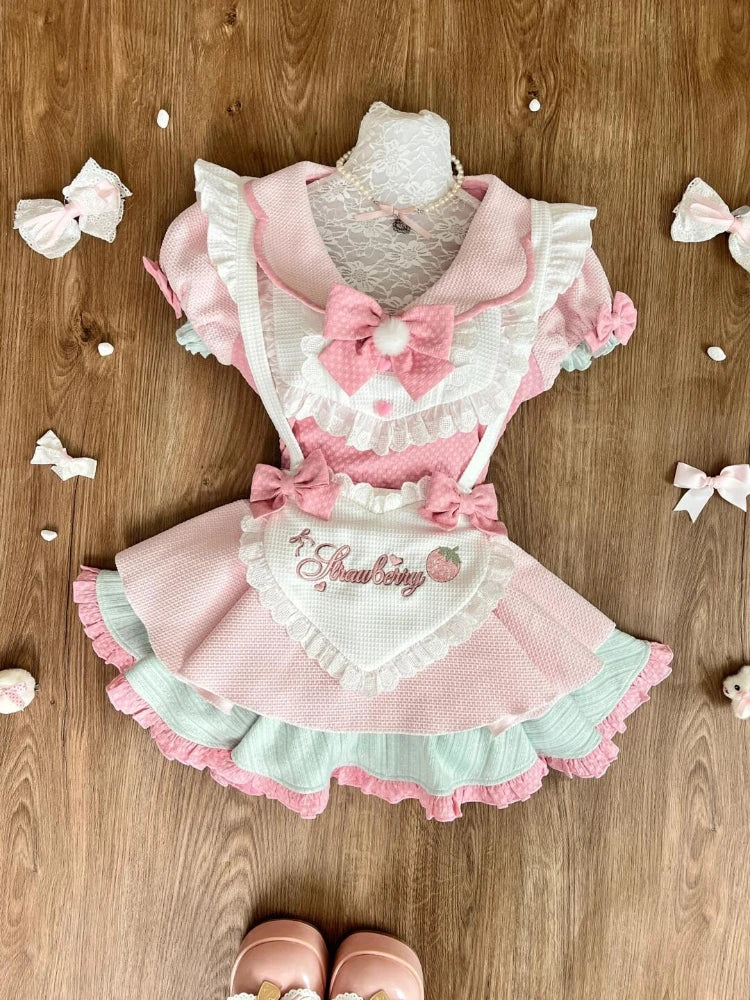 Summer Sweet Preppy Style 2 Piece Sets Women Y2k Kawaii Lolita Design Tops + High Waist Chic Skirt Female Princess Retro Outfits