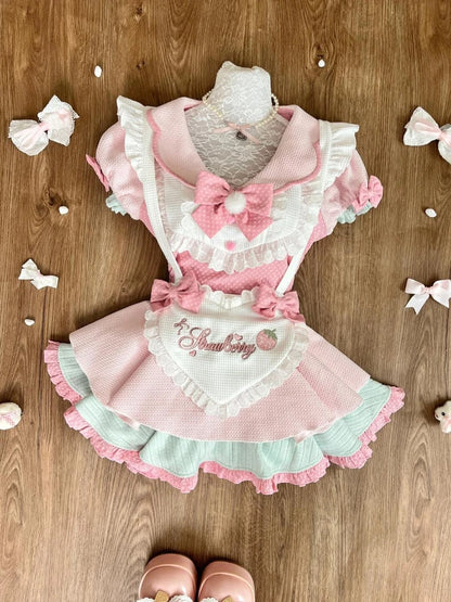Summer Sweet Preppy Style 2 Piece Sets Women Y2k Kawaii Lolita Design Tops + High Waist Chic Skirt Female Princess Retro Outfits