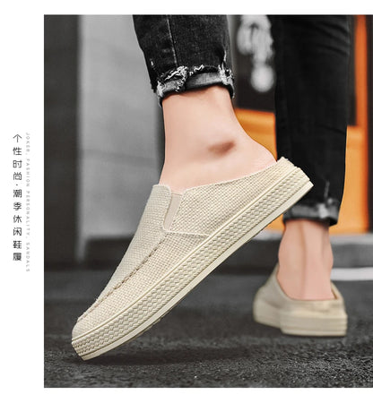 Men's canvas slippers summer new breathable outdoor soft-sole casual slippers party sandals Joker tide half slippers cloth shoes