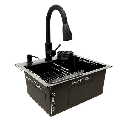 Multi-functional Kitchen Sink with Retractable Faucet, Soap Dispenser and Drip Basket Black Stainless Steel Sink 3 Specification