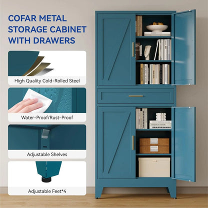71'' Tall Metal Pantry Cabinet with Drawer, Kitchen Storage Cabinet with 4 Doors and Shelves, Freestanding, Customized