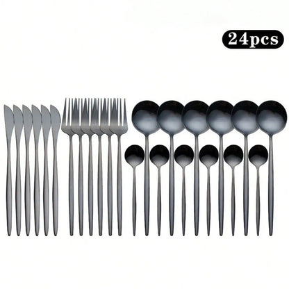 Gold/Black, Stainless Steel Knife, Fork And Spoon 24-Piece Cutlery Set, Including Fork Spoon Knife And Coffee Spoon, Dinner Fork