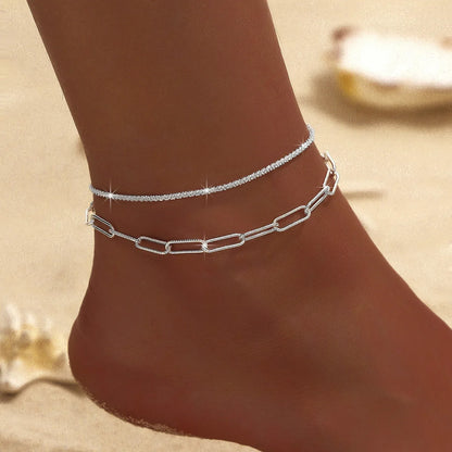 LATS Shiny Sparkling Simple Anklet for Women Gold Silver Color Elegant Jewelry Female Beach Ankle Bracelet on Foot Party Gift
