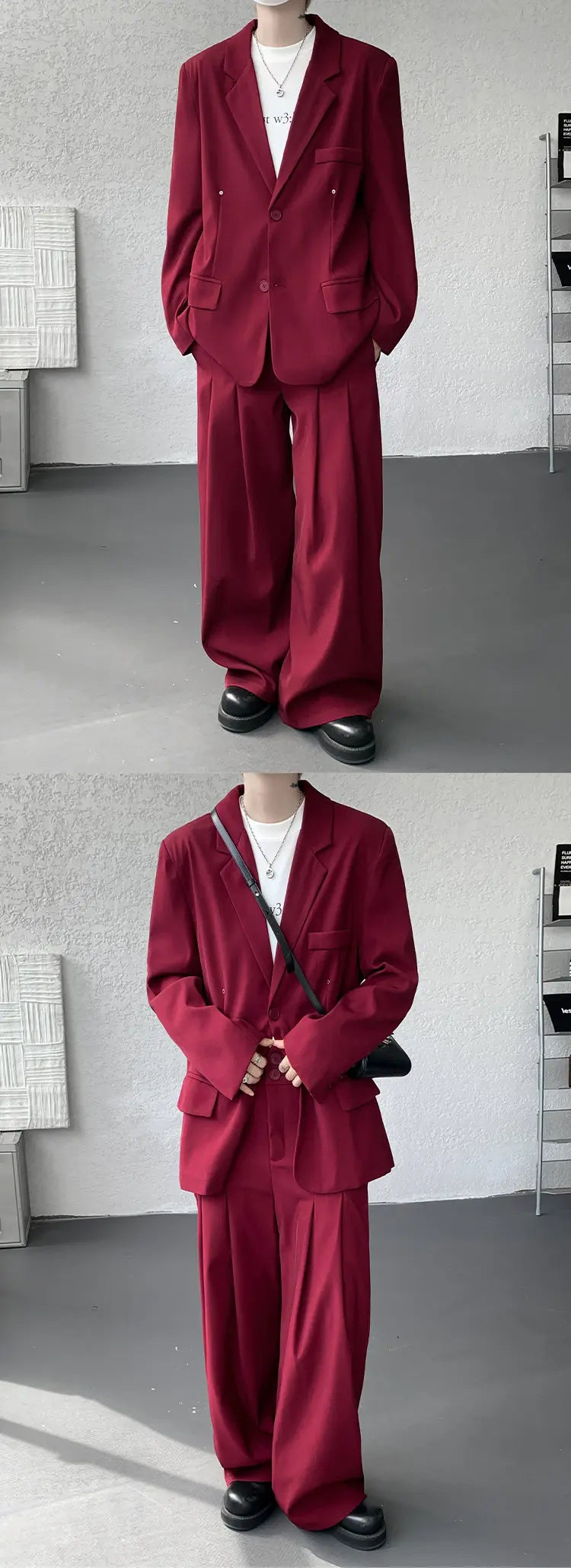 Casual suit set Men Loose fitting 2 piece suit Shoulder pads Trend Streetwear Korean 2025 NEW suit jacker+suit pants