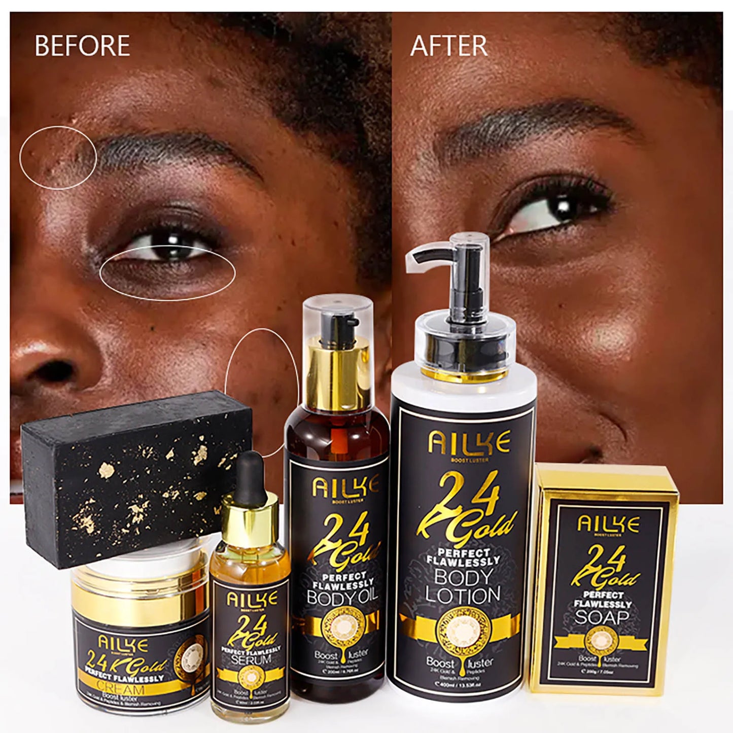 AILKE 24K Whitening Skin Set, Lightening, Remove Black Spots, Melanin, Stains, Even Skin Tone, Moisturizing, for All Skin Types