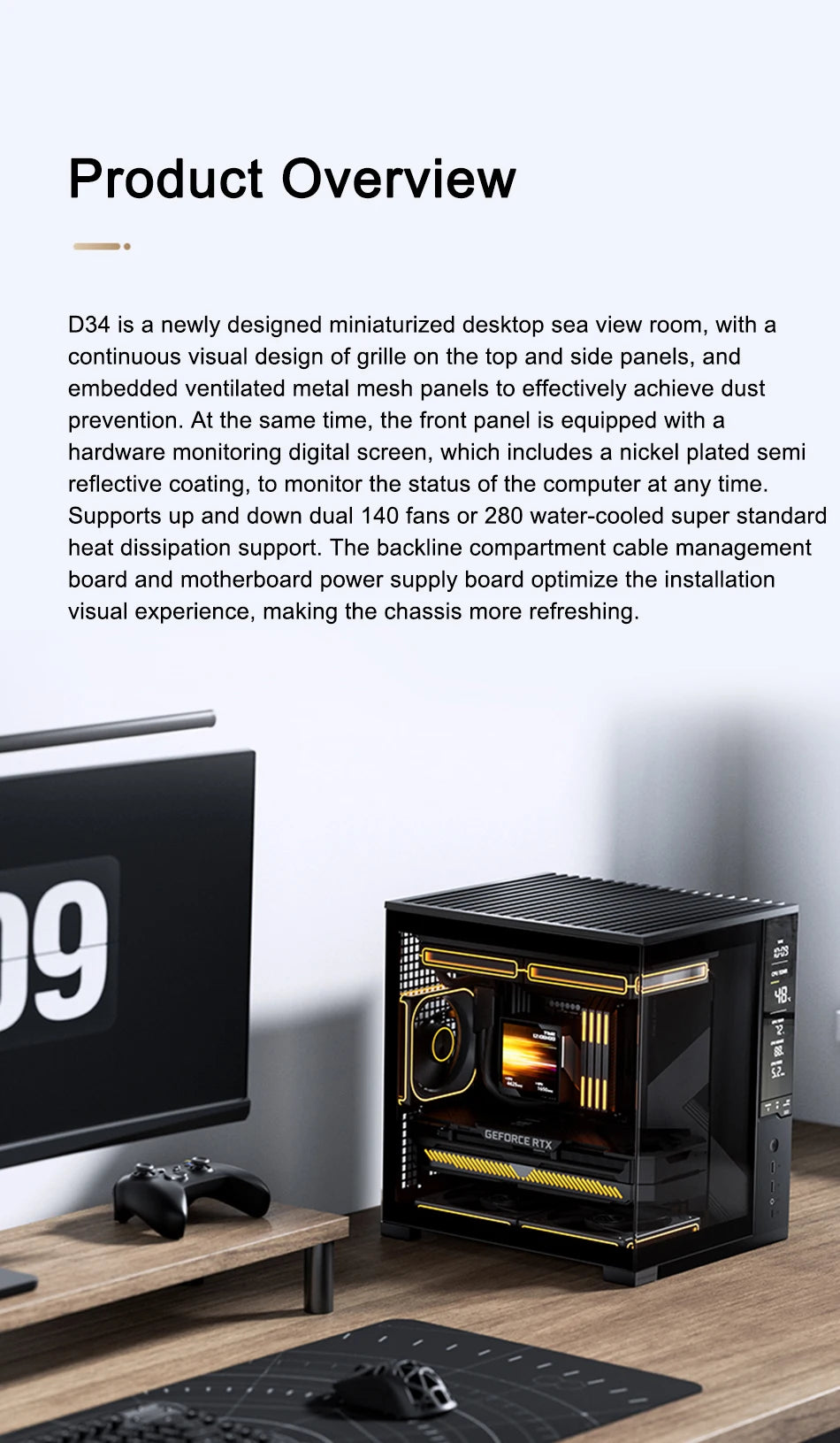 Jonsbo D34 MATX SeaviewRoom Chassis Support 280 Cold Row ATX Power Supply Type-C Digital Monitoring Screen Mini-ITX Desktop Case