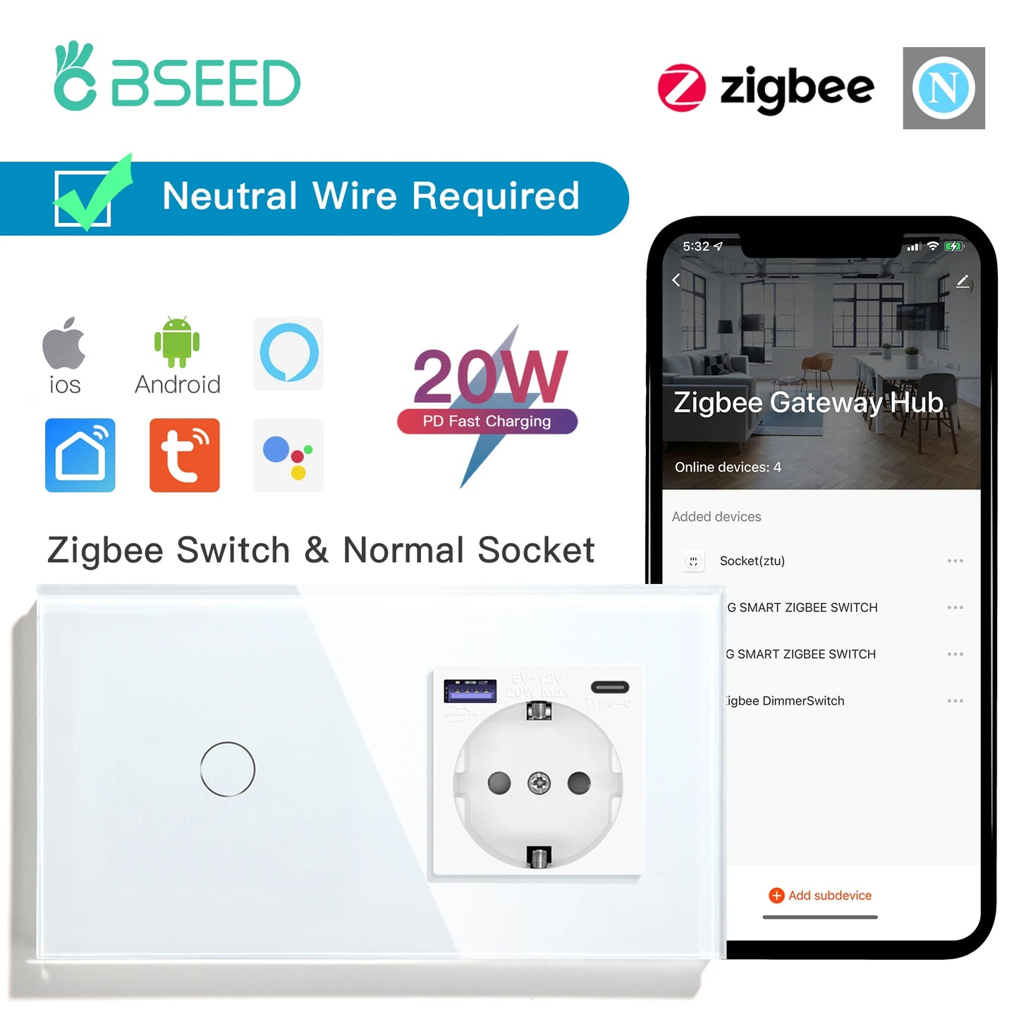 Bseed 1/2/3Gang 2Way Zigbee Light Switch Wall Touch Switch USB Type-C Fast Charge Port 20W Tuya Smart Life Google Home Control